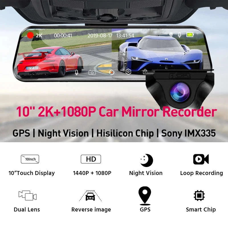 2K Dash Cam Mirror with GPS & WiFi, Dual Lens Night Vision-A37 10M RCC BL GPS / None