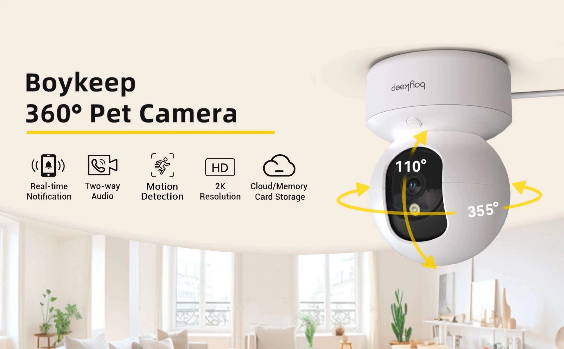 2K Pet Camera with App, Dual-Band WiFi, 360° Pan & Tilt, 2-Way Audio, Night Vision-USB