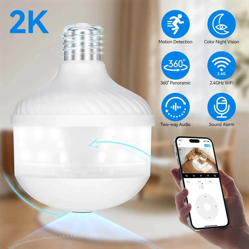 2K WiFi Bulb Camera with 360° Panoramic Night Vision-D8-WIFI-add 128GB / No plug