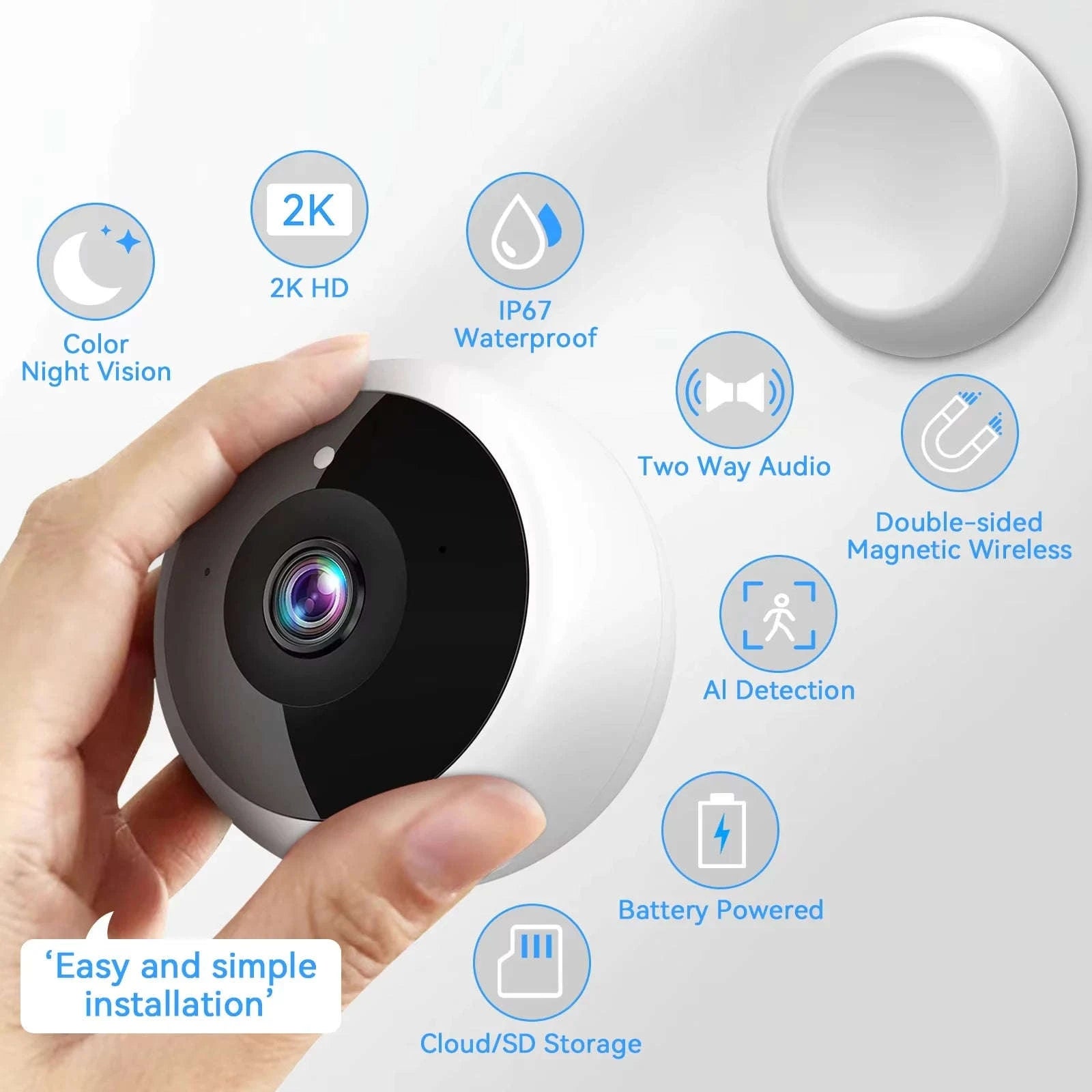 2K WiFi Security Camera Outdoor Magnetic Wireless with Night Vision-White