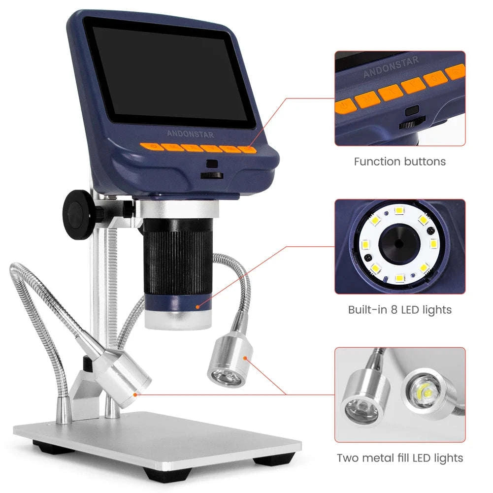 2MP 1080P USB Digital Microscope with 4.3" Screen for Soldering and Inspection-Silver
