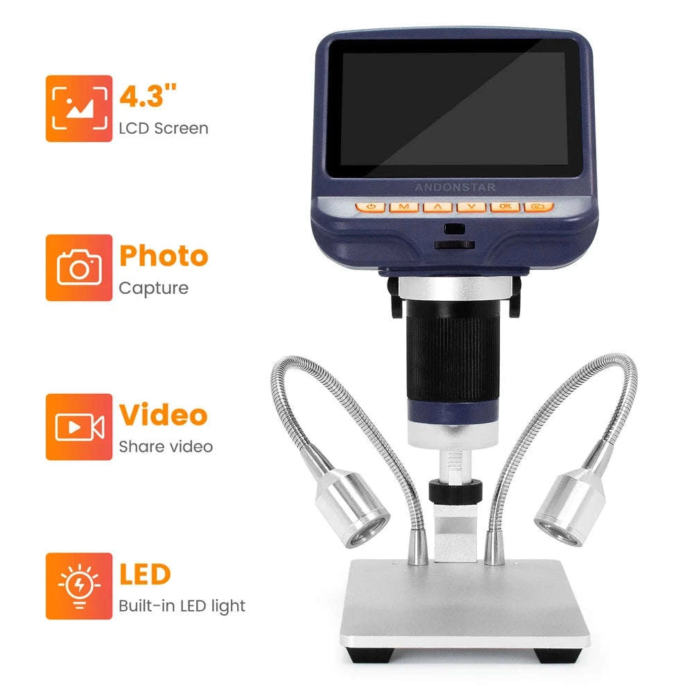 2MP 1080P USB Digital Microscope with 4.3" Screen for Soldering and Inspection-Silver