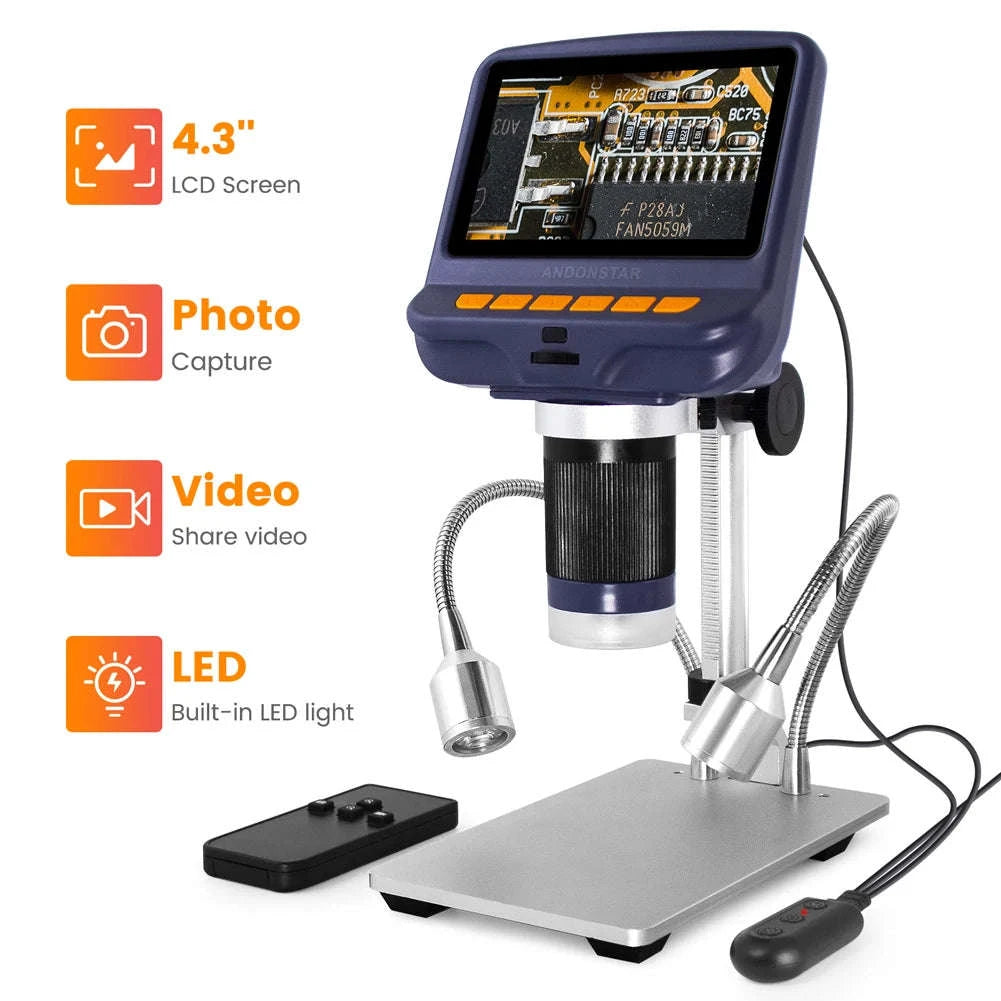 2MP 1080P USB Digital Microscope with 4.3" Screen for Soldering and Inspection-Silver