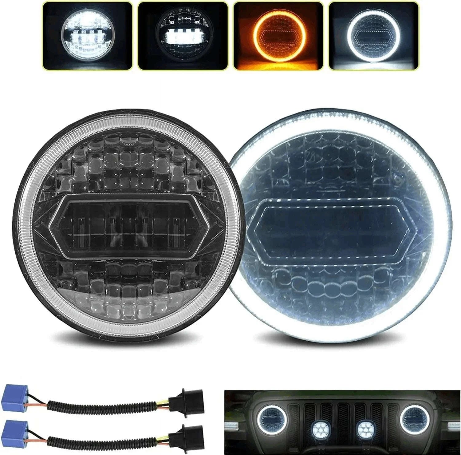 2PCS 7 Inch LED Round Headlight with DRL and Angel Eye-2PCS(A Pair)