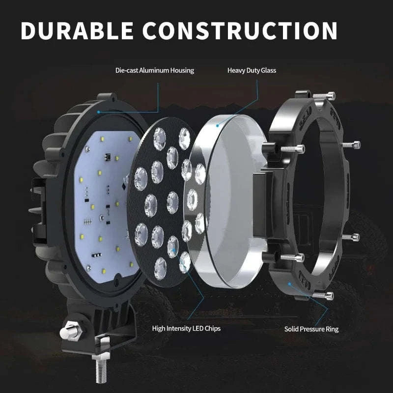 2PCS 7 Inch Round LED Offroad Lights 51W 5100LM Spot Pods-Red shell 2PCS