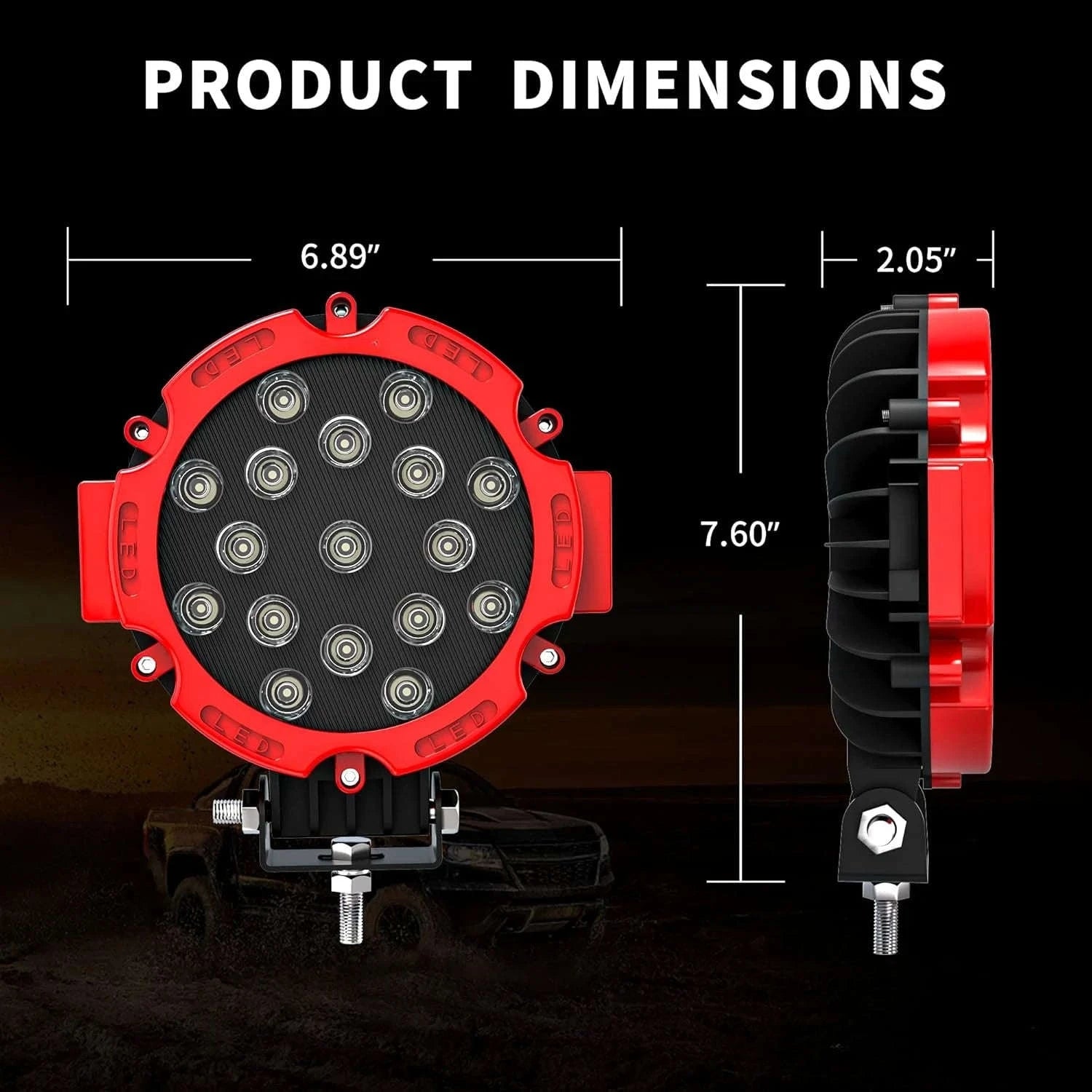 2PCS 7 Inch Round LED Offroad Lights 51W 5100LM Spot Pods-Red shell 2PCS