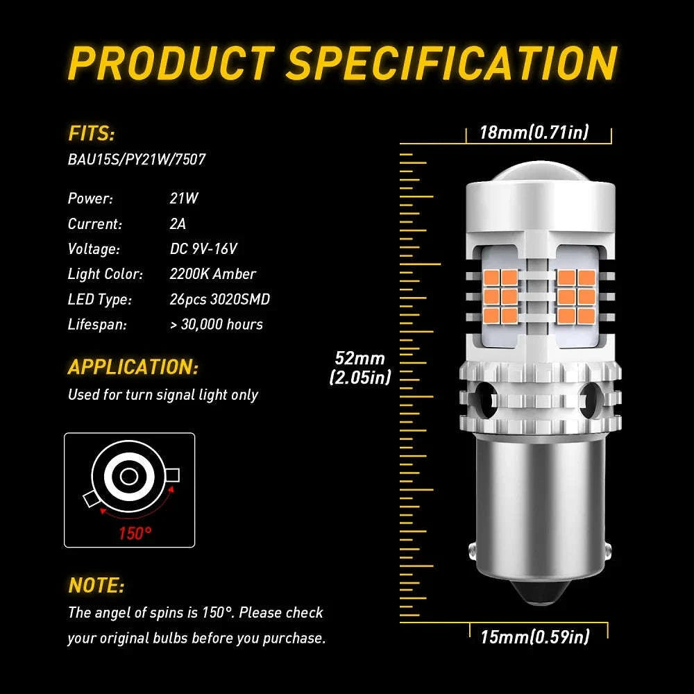 2pcs Amber LED Turn Signal Bulbs 12V 1156 BA15S-1156 BAU15S PY21W