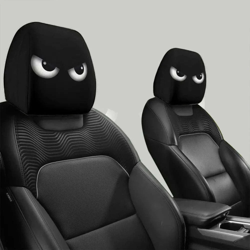2PCS Cartoon Print Car Headrest Covers with Slanted Eyes-Black 2PCS