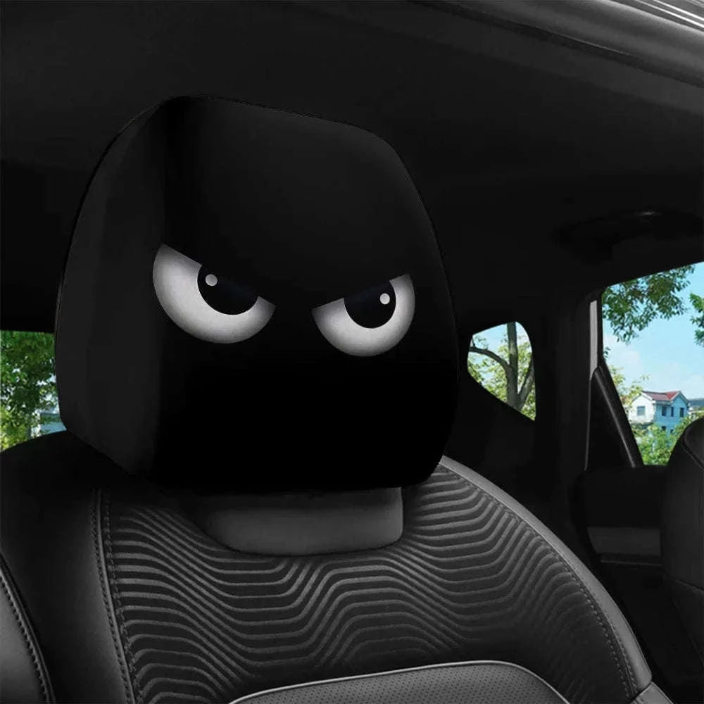 2PCS Cartoon Print Car Headrest Covers with Slanted Eyes-Black 2PCS