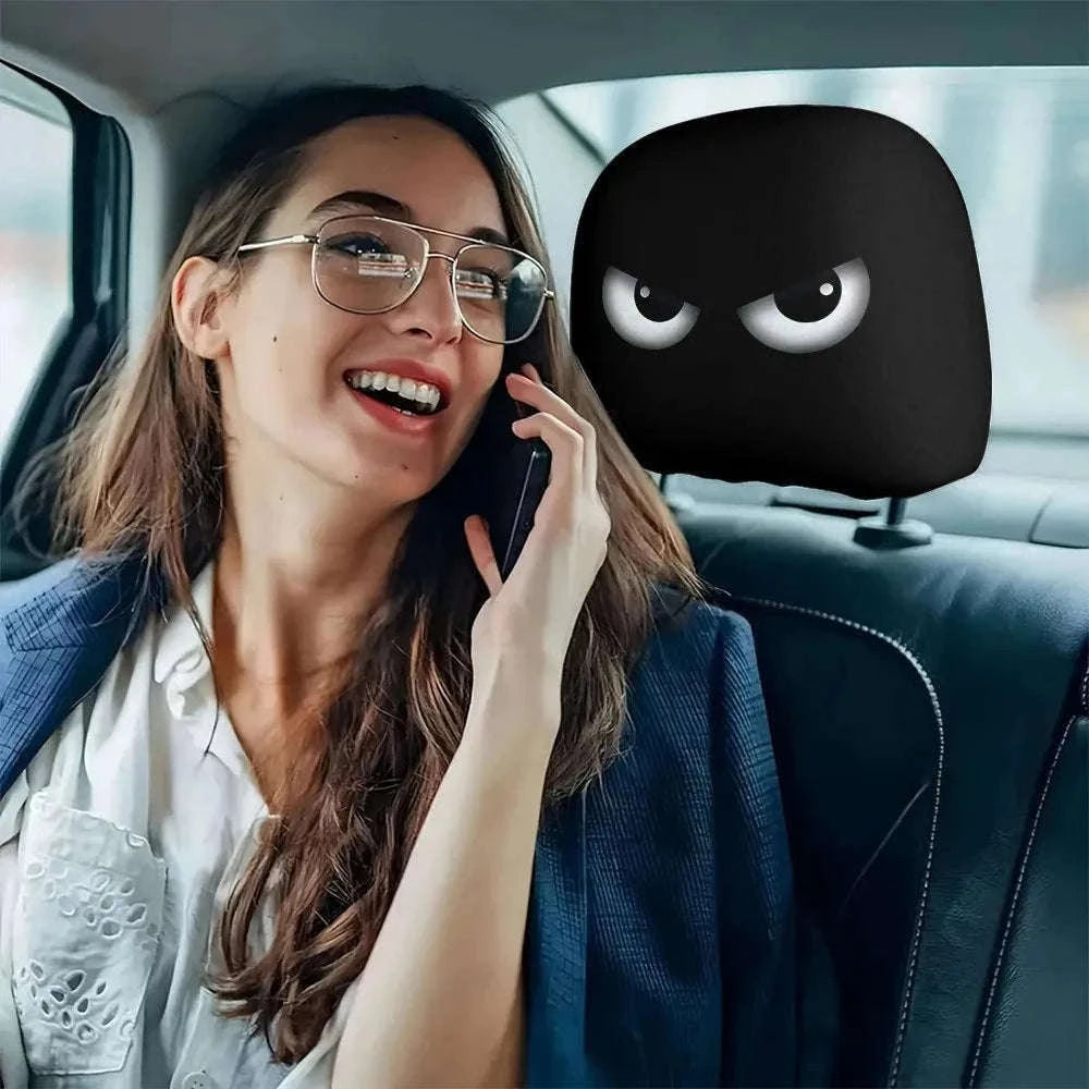 2PCS Cartoon Print Car Headrest Covers with Slanted Eyes-Black 2PCS