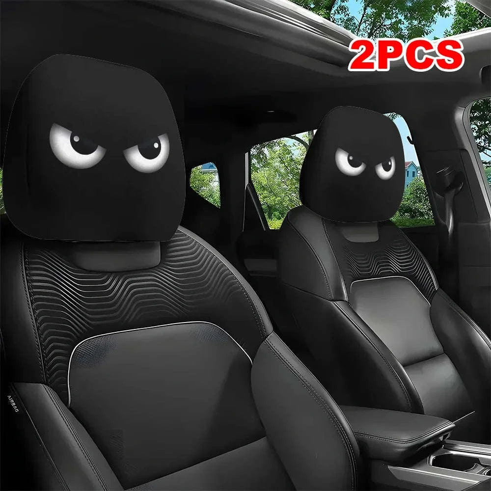 2PCS Funny Slanted Eyes Cartoon Print Car Headrest Covers-Black 2PCS