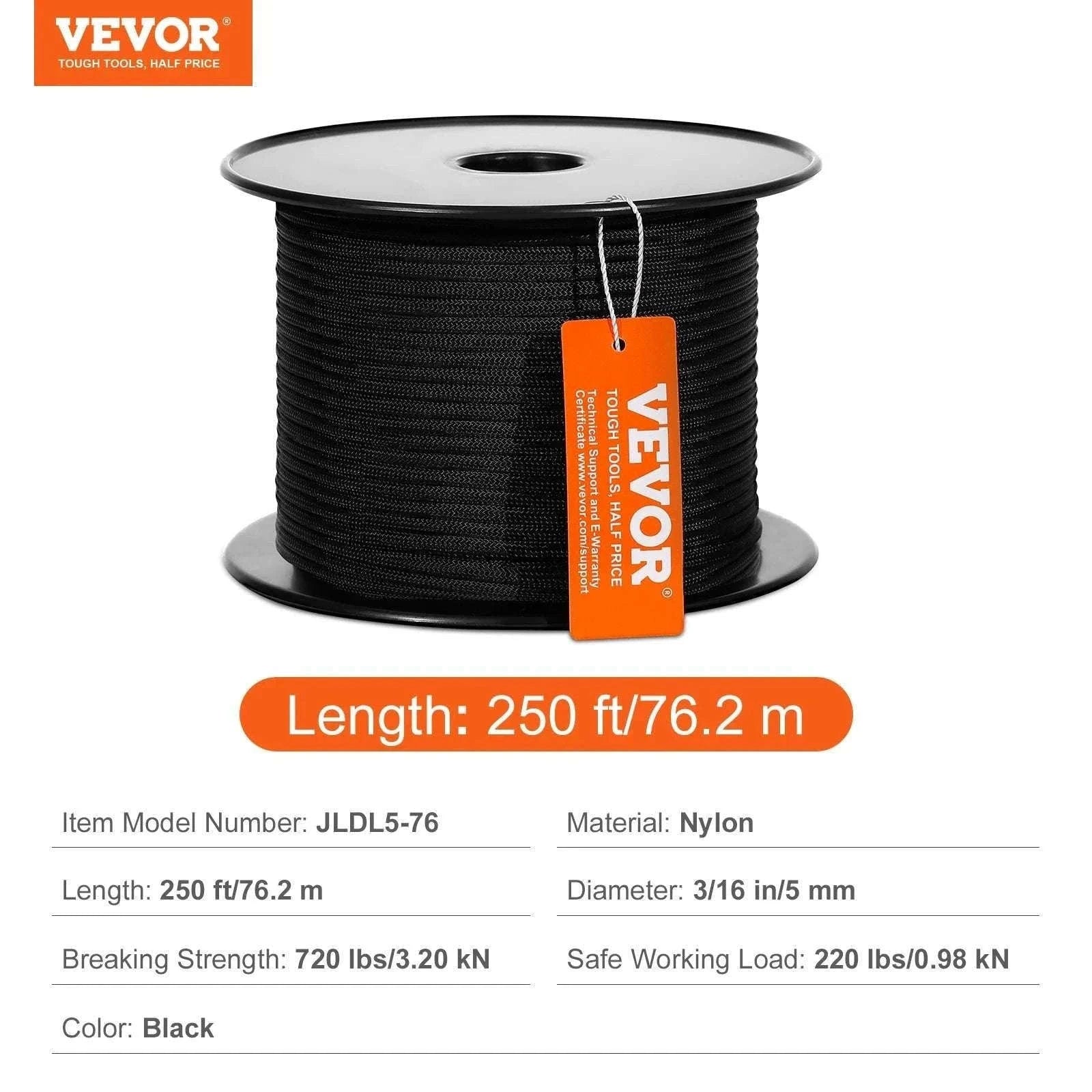 3/16" Nylon Rope 1000 ft 32-Strand Braided Cord with Reel-250ft / United States