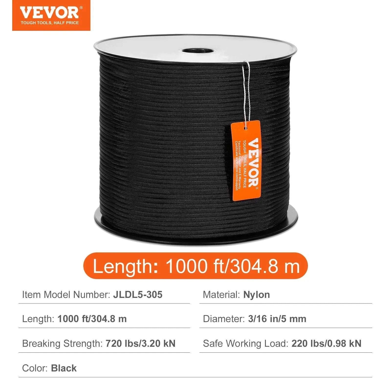 3/16" Nylon Rope 1000 ft 32-Strand Braided Cord with Reel-250ft / United States