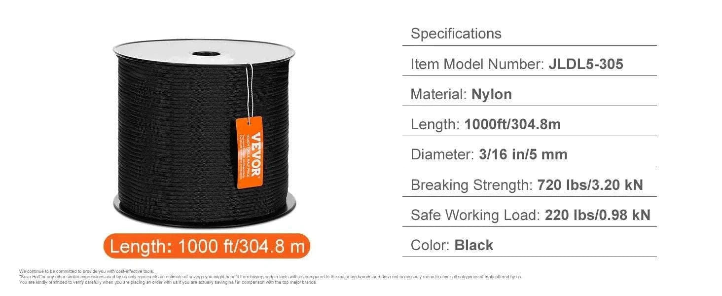 3/16" Nylon Rope 1000 ft 32-Strand Braided Cord with Reel-250ft / United States