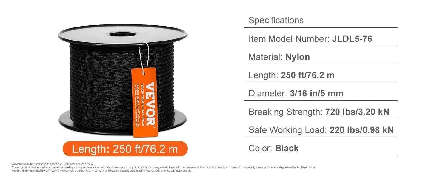 3/16" Nylon Rope 1000 ft 32-Strand Braided Cord with Reel-250ft / United States