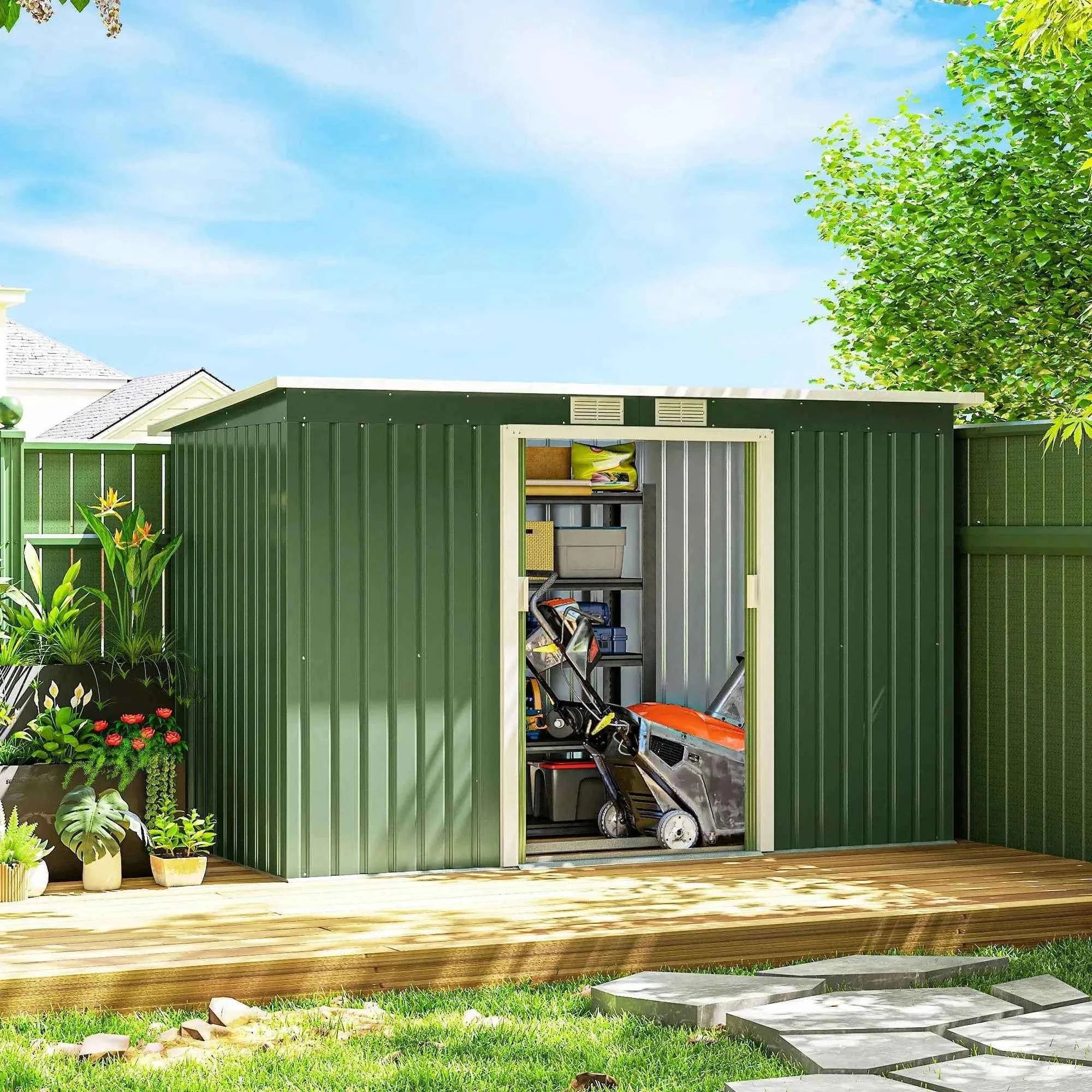 3.2m² Shed Garden Storage with Two Sliding Doors and Steel Base-green / france
