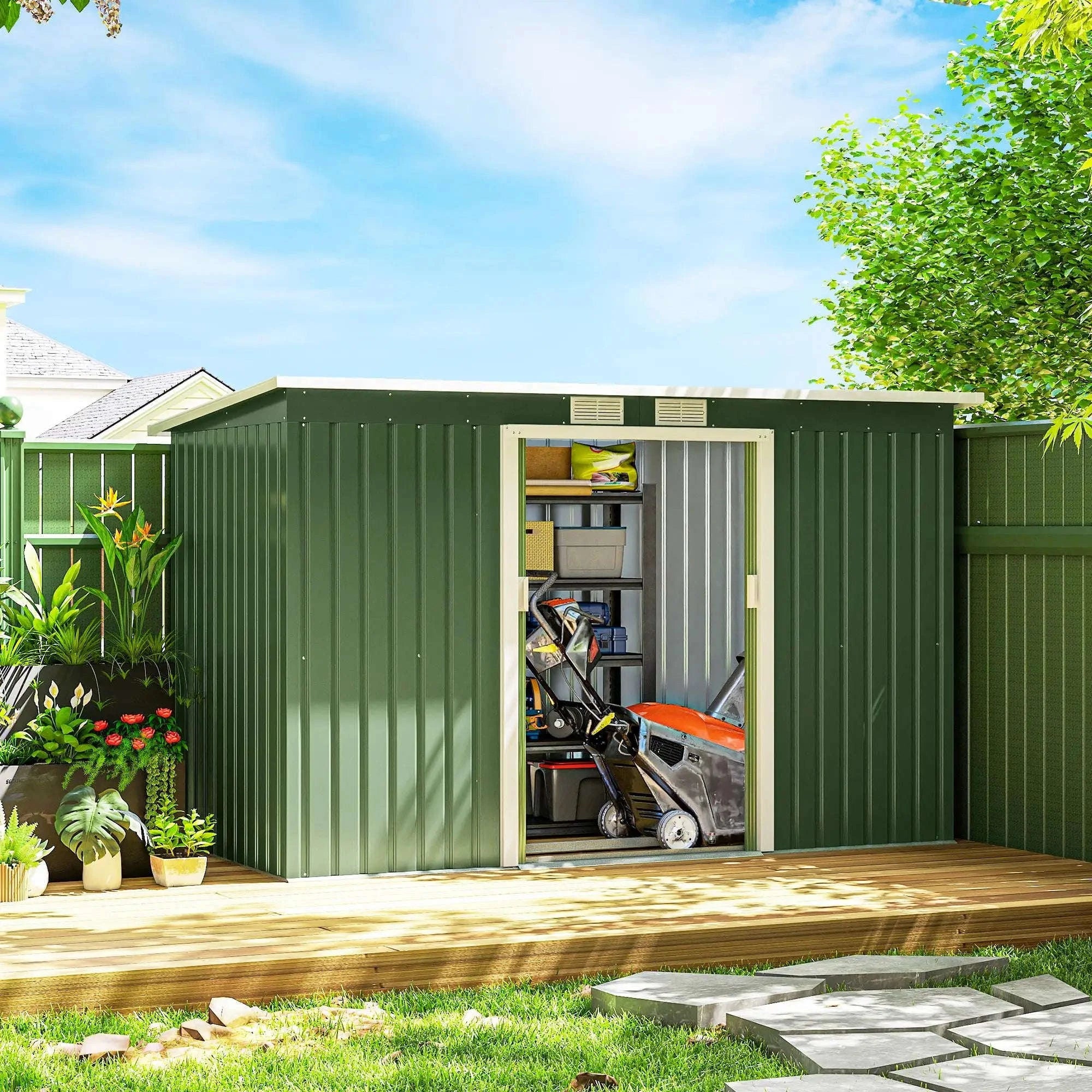 3.2m² Shed Garden Storage with Two Sliding Doors and Steel Base-green / france