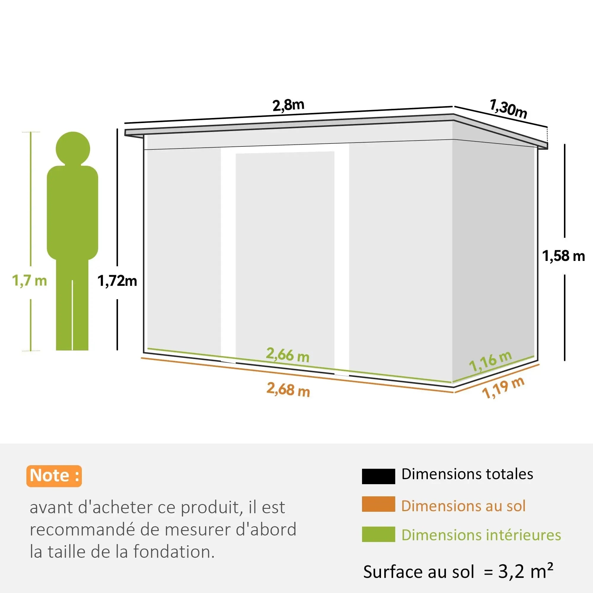 3.2m² Shed Garden Storage with Two Sliding Doors and Steel Base-green / france