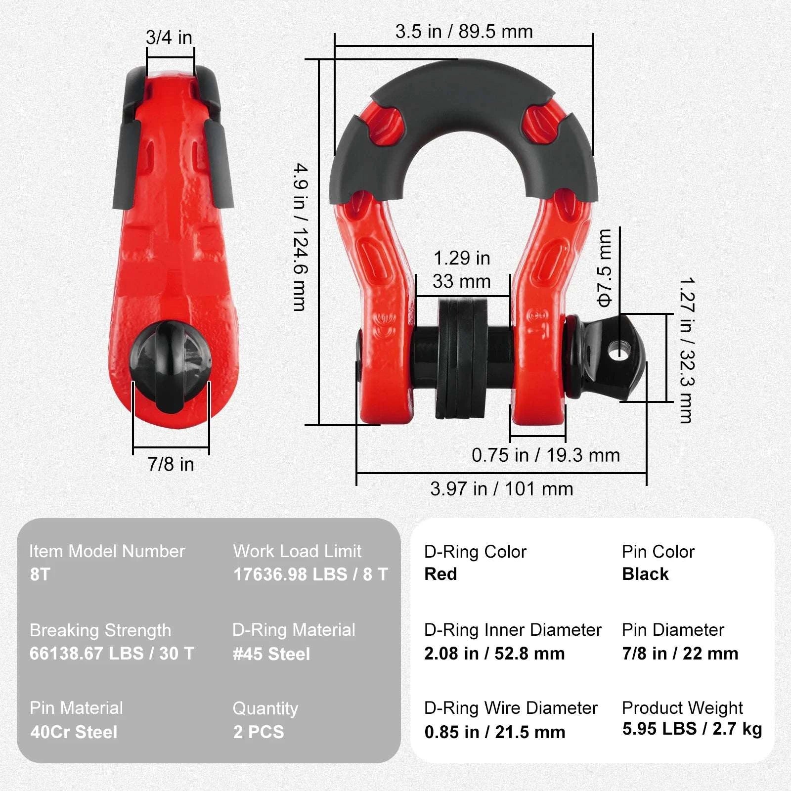 3/4" D-Ring Shackle Set with 7/8" Pin for Off-Road Recovery (2pcs)-Red / spain