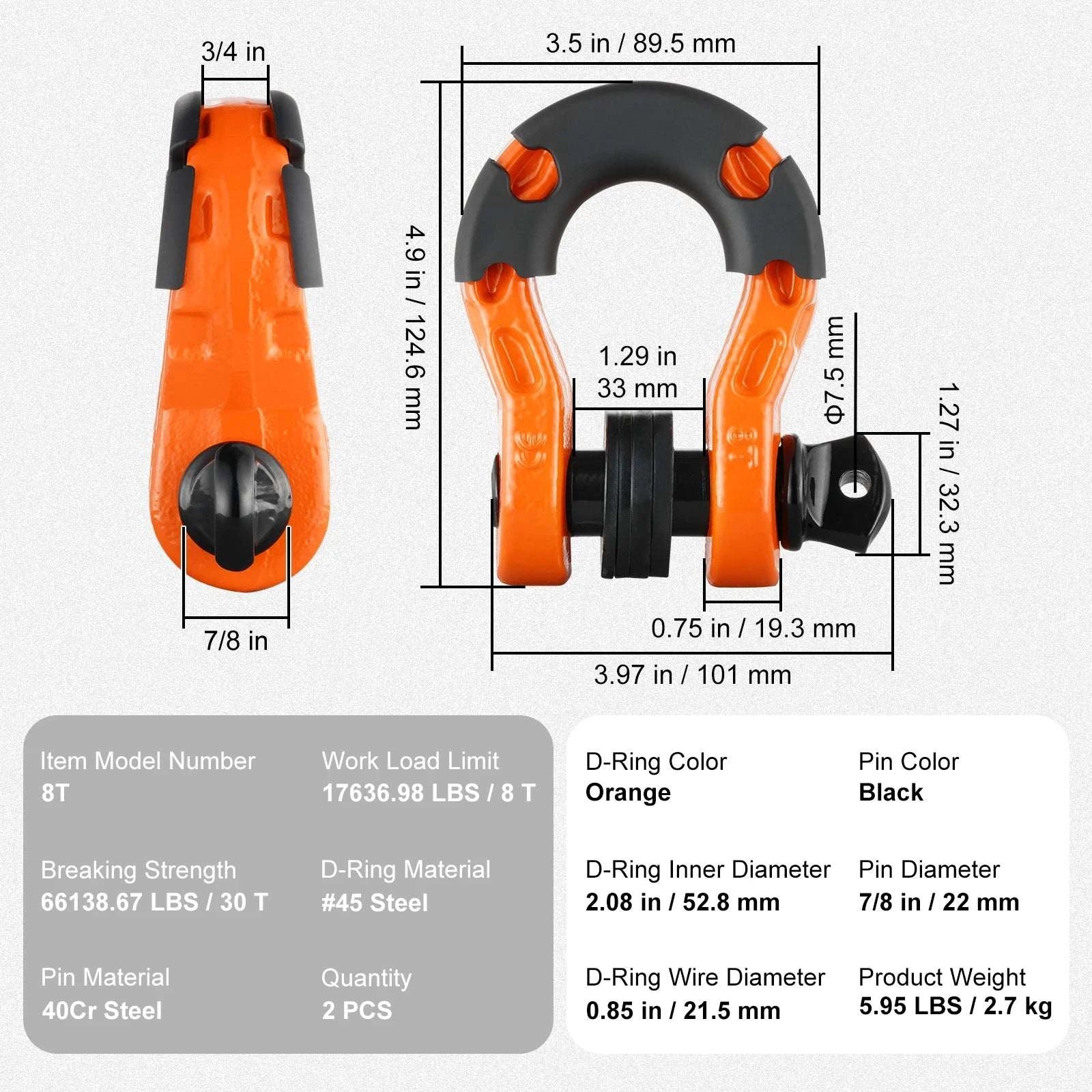3/4" D-Ring Shackle Set with 7/8" Pin for Off-Road Recovery (2pcs)-Red / spain