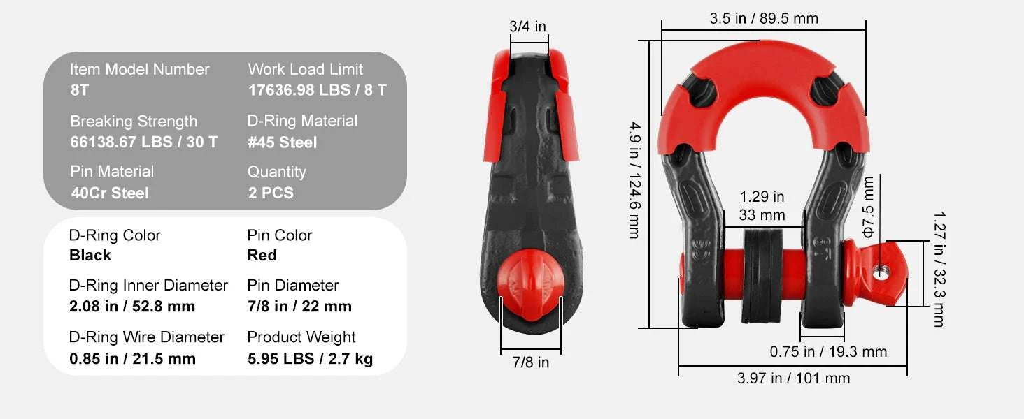 3/4" D-Ring Shackle Set with 7/8" Pin for Off-Road Recovery (2pcs)-Red / spain