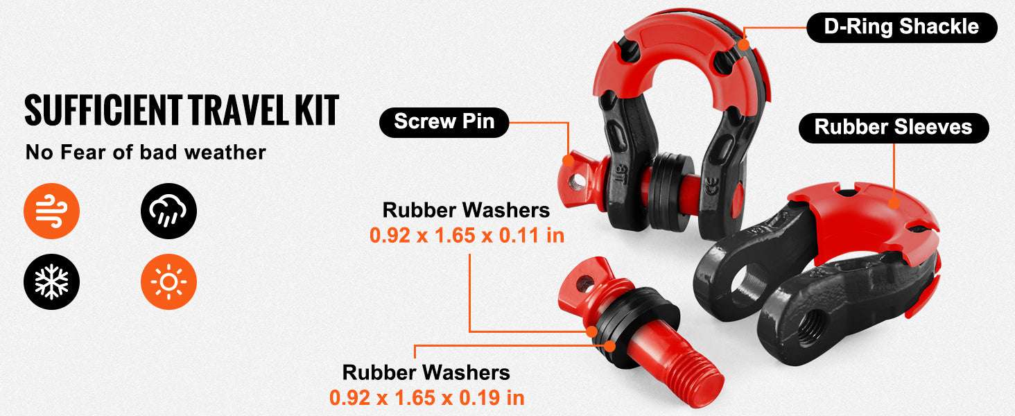 3/4" D-Ring Shackle Set with 7/8" Pin for Off-Road Recovery (2pcs)-Red / spain