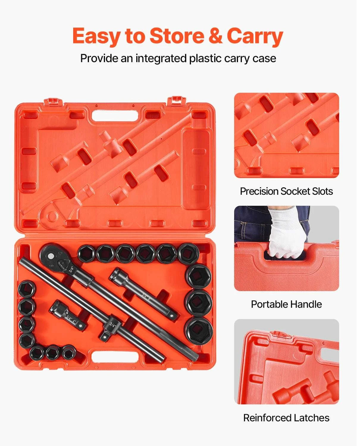 3/4" Drive Impact Socket Set 21PCS SAE Cr-V Steel with Case-21PCs / United States