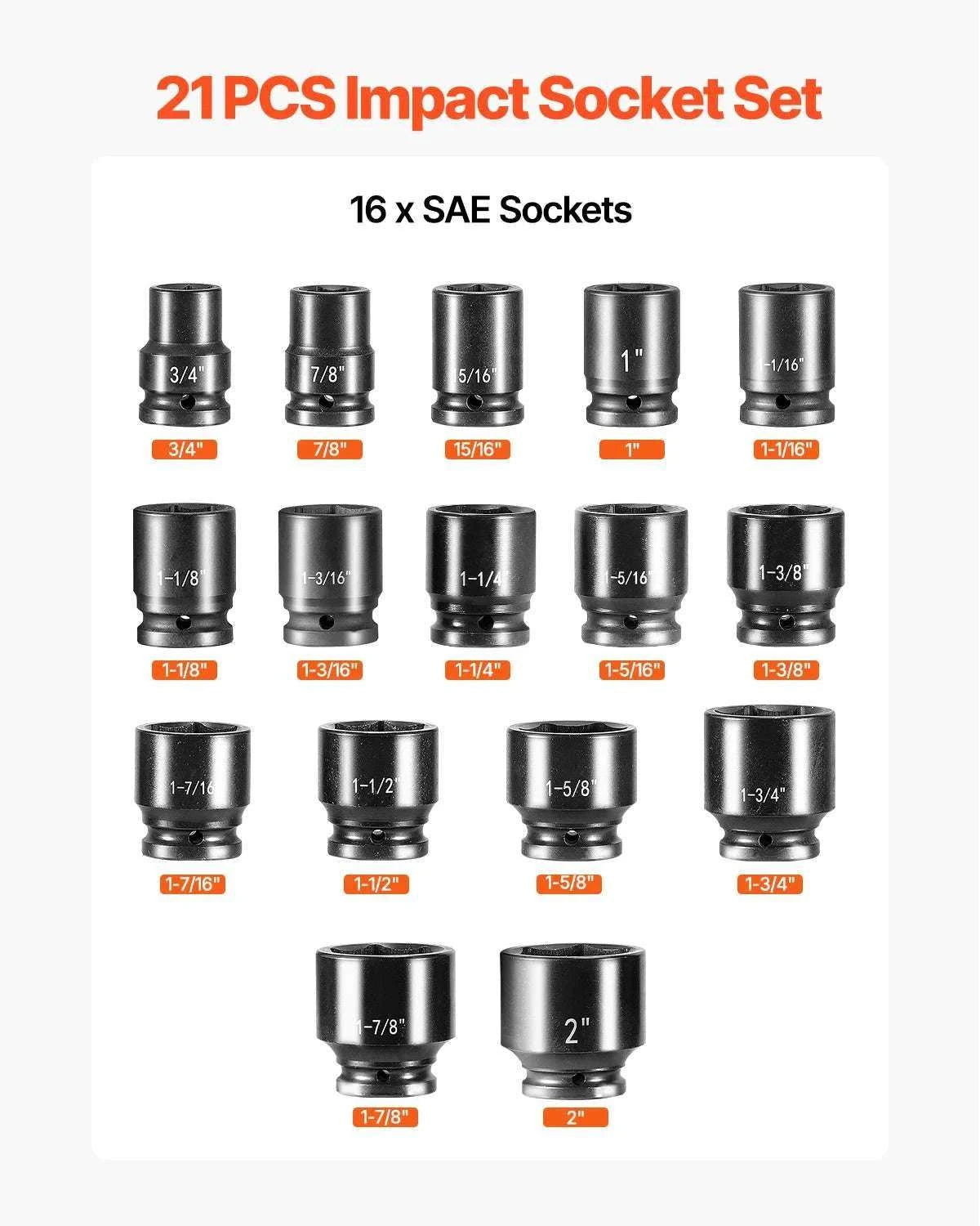 3/4" Drive Impact Socket Set 21PCS SAE Cr-V Steel with Case-21PCs / United States