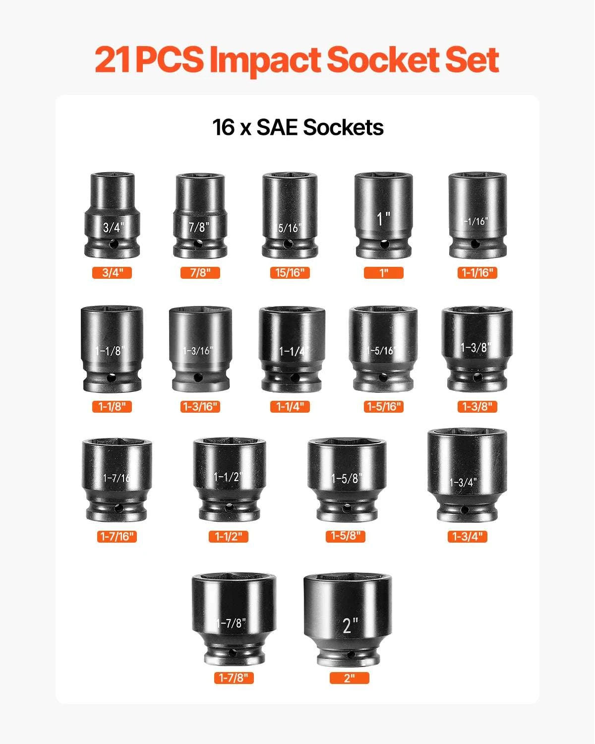 3/4" Drive Impact Socket Set 21PCS SAE Cr-V Steel with Case-21PCs / United States