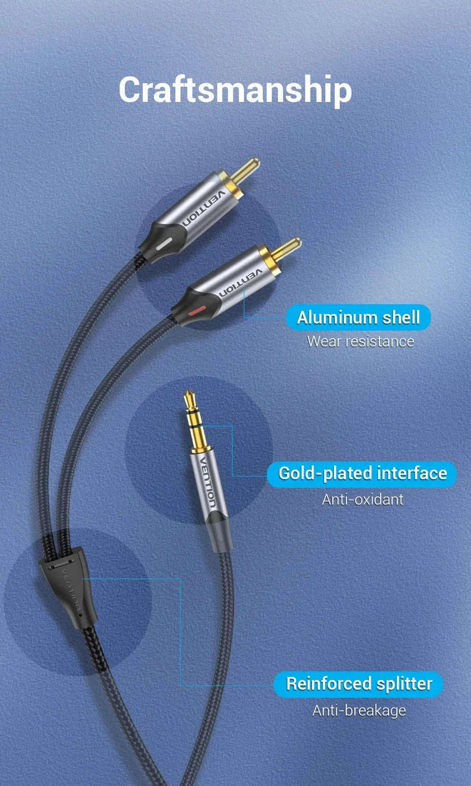 3.5mm to 2 RCA Audio Splitter Cable for Clear Sound-Alloy Shell-PVC / 5m / China Mainland