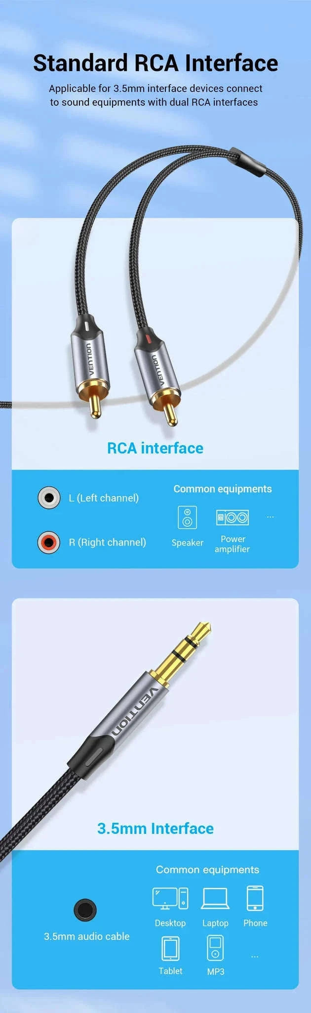 3.5mm to 2 RCA Audio Splitter Cable for Clear Sound-Alloy Shell-PVC / 5m / China Mainland