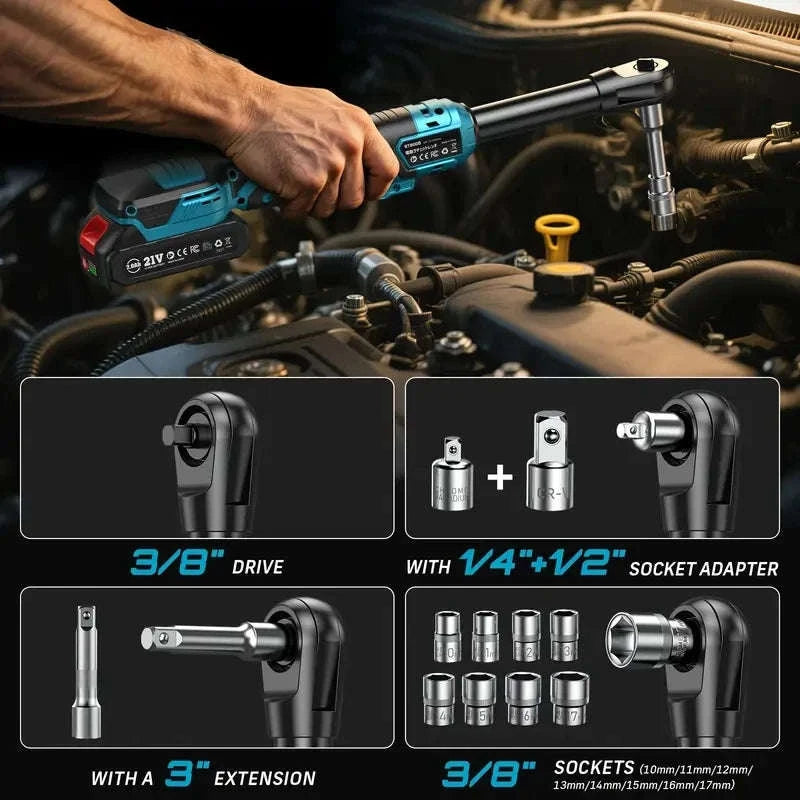 3/8" 21V Cordless Electric Ratchet Wrench 80Nm Extended Neck Rechargeable-Extended 80nm / Germany