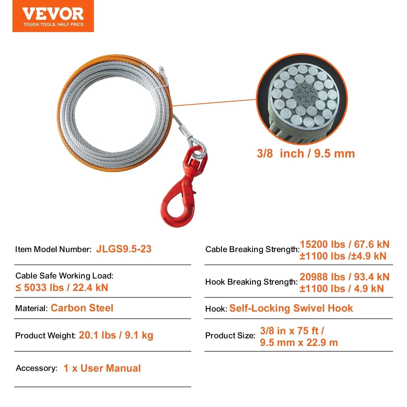 3/8" Steel Winch Cable 50–100 ft, 15,200 lb Strength for Off-Road-100ft / United States