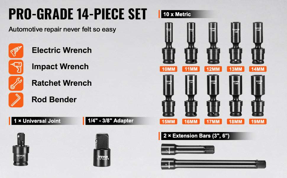 3/8" Swivel Impact Socket Set 14pc Metric 10–19mm Cr-Mo Steel-spain