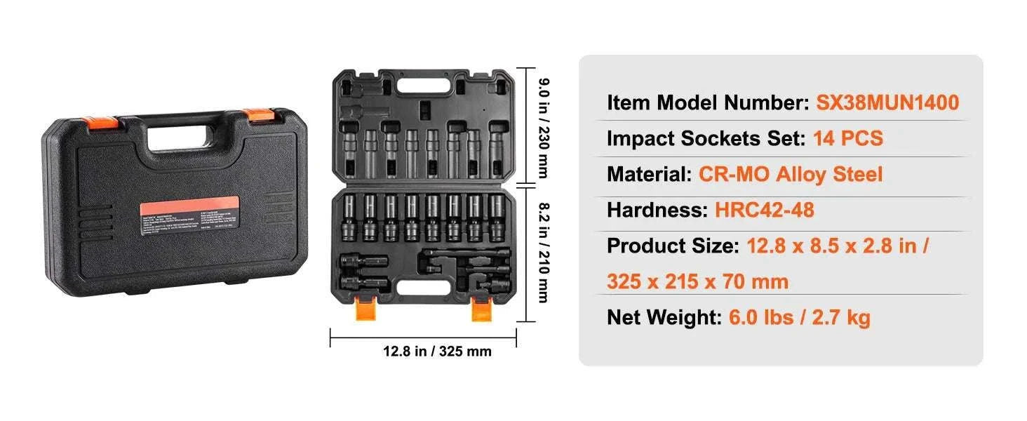 3/8" Swivel Impact Socket Set 14pc Metric 10–19mm Cr-Mo Steel-spain