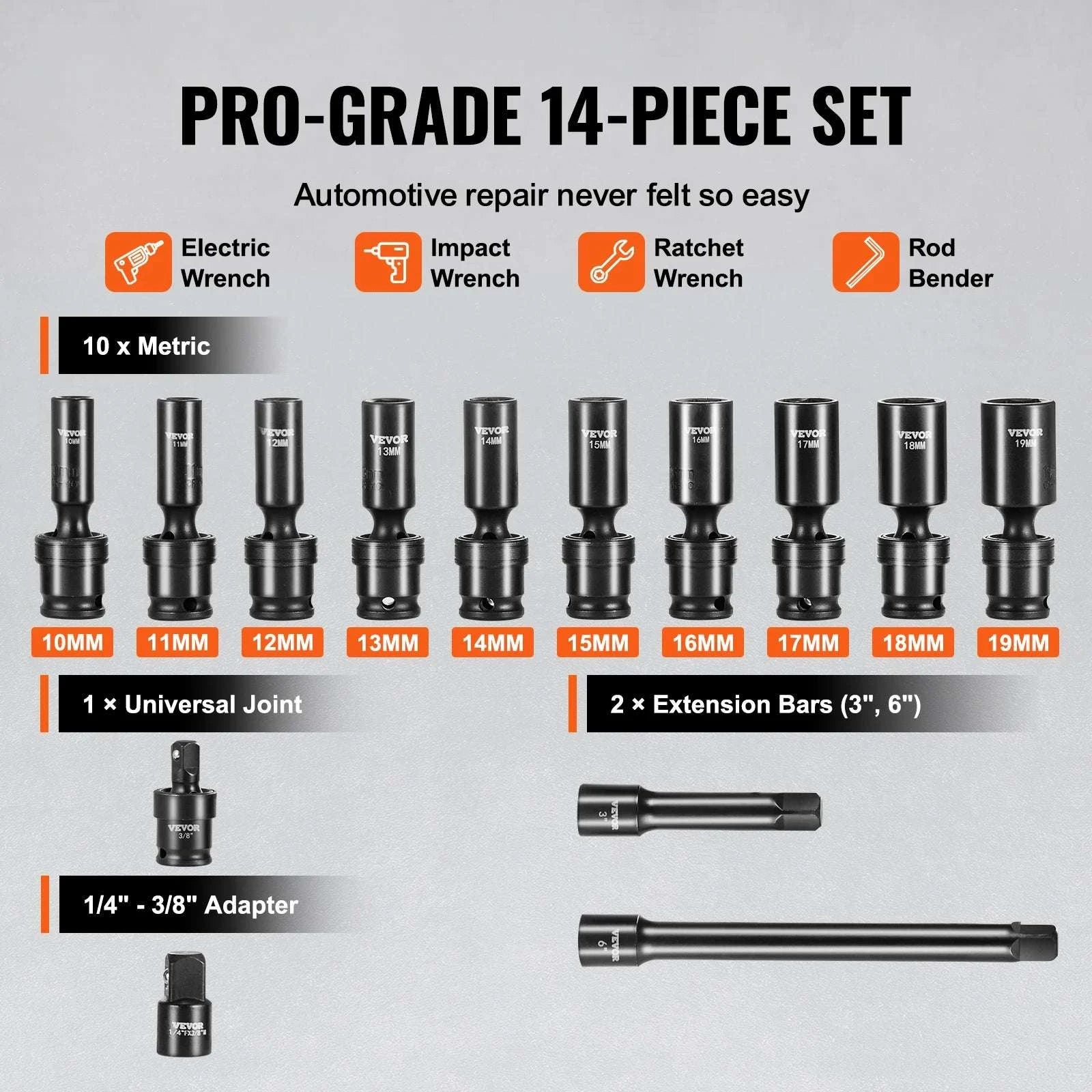 3/8" Swivel Impact Socket Set 14pc Metric 10–19mm Cr-Mo Steel-spain
