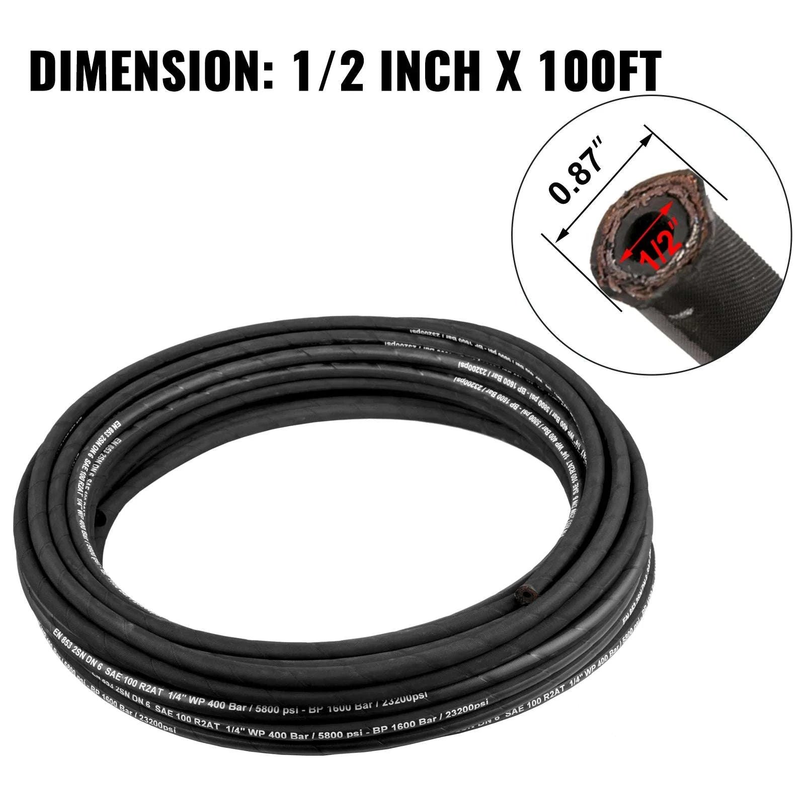 3/8" x 100 ft Hydraulic Hose 4800 PSI Rubber High-Strength Line-United States / 0.75 inch x 100 ft