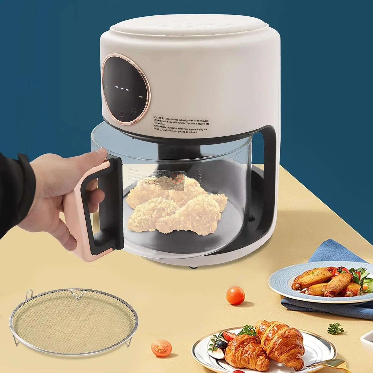 3.81Qt Portable Glass Air Fryer with Digital Display, 8 Preset Modes, White-United States