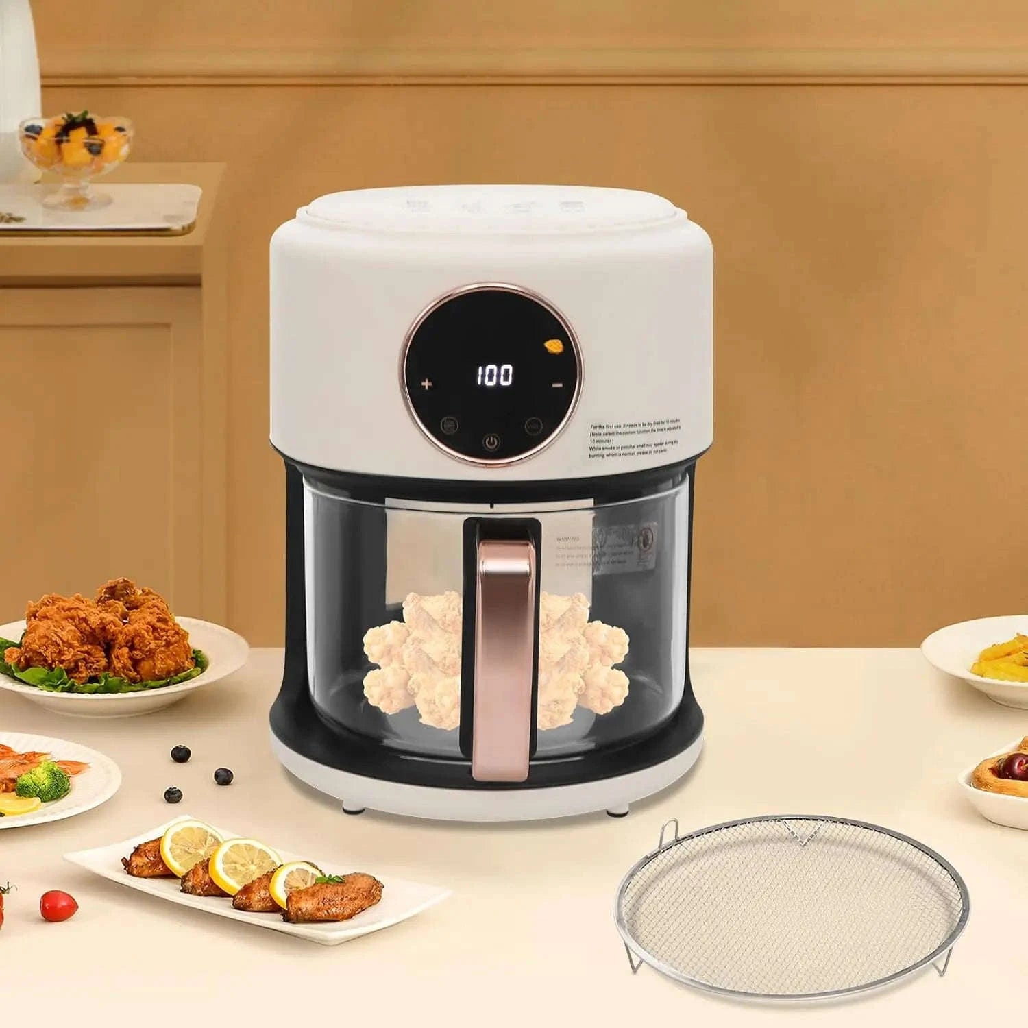 3.81Qt Portable Glass Air Fryer with Digital Display, 8 Preset Modes, White-United States