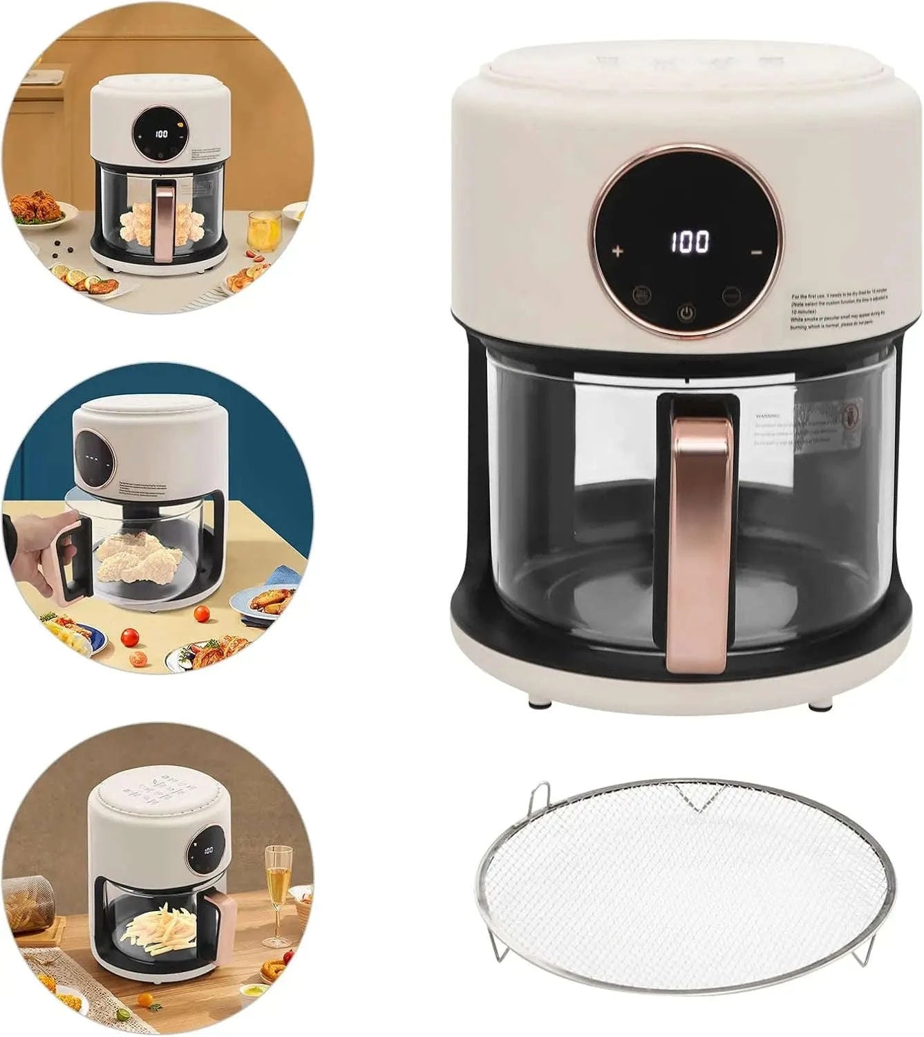 3.81Qt Portable Glass Air Fryer with Digital Display, 8 Preset Modes, White-United States