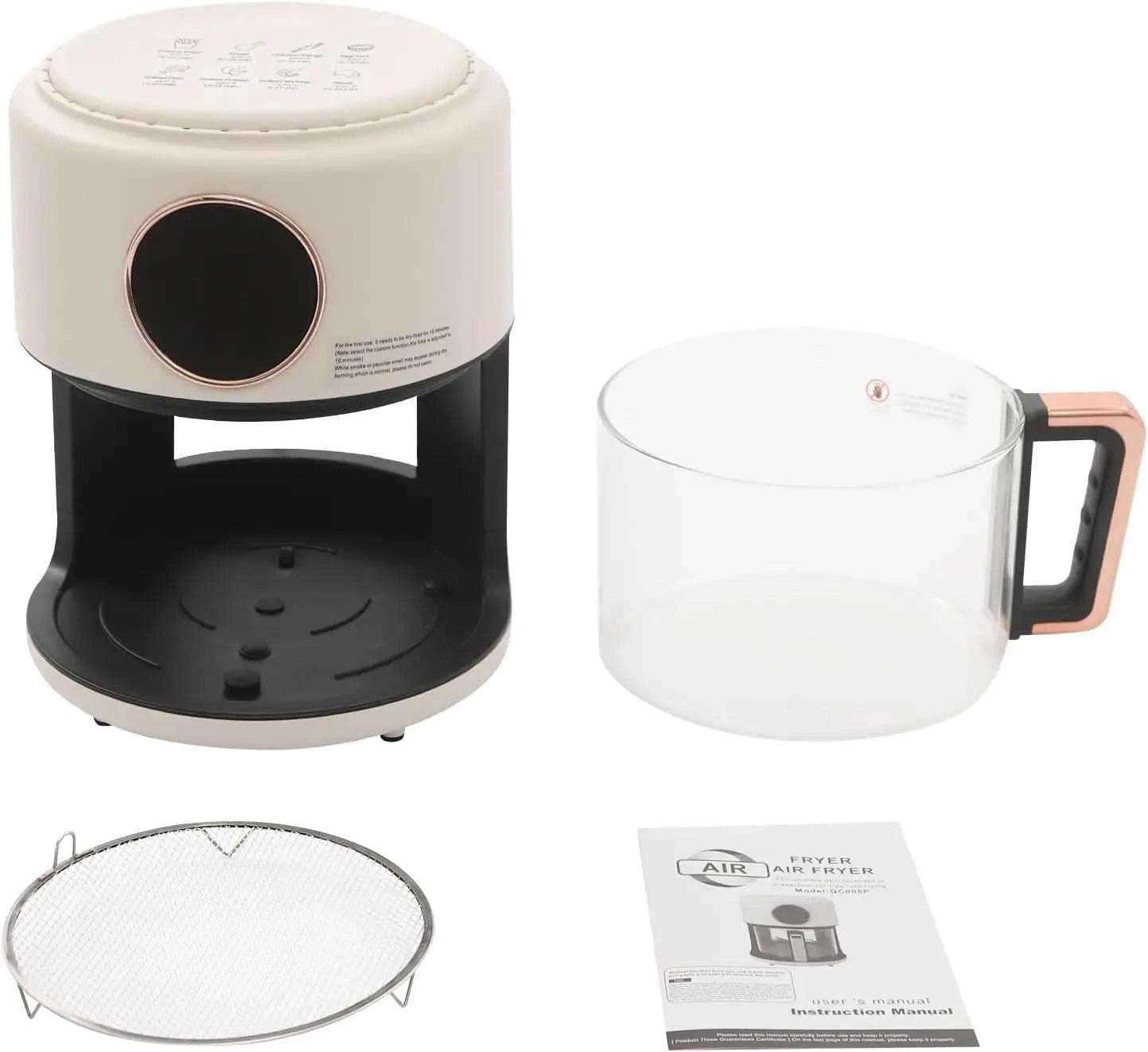 3.81Qt Portable Glass Air Fryer with Digital Display, 8 Preset Modes, White-United States
