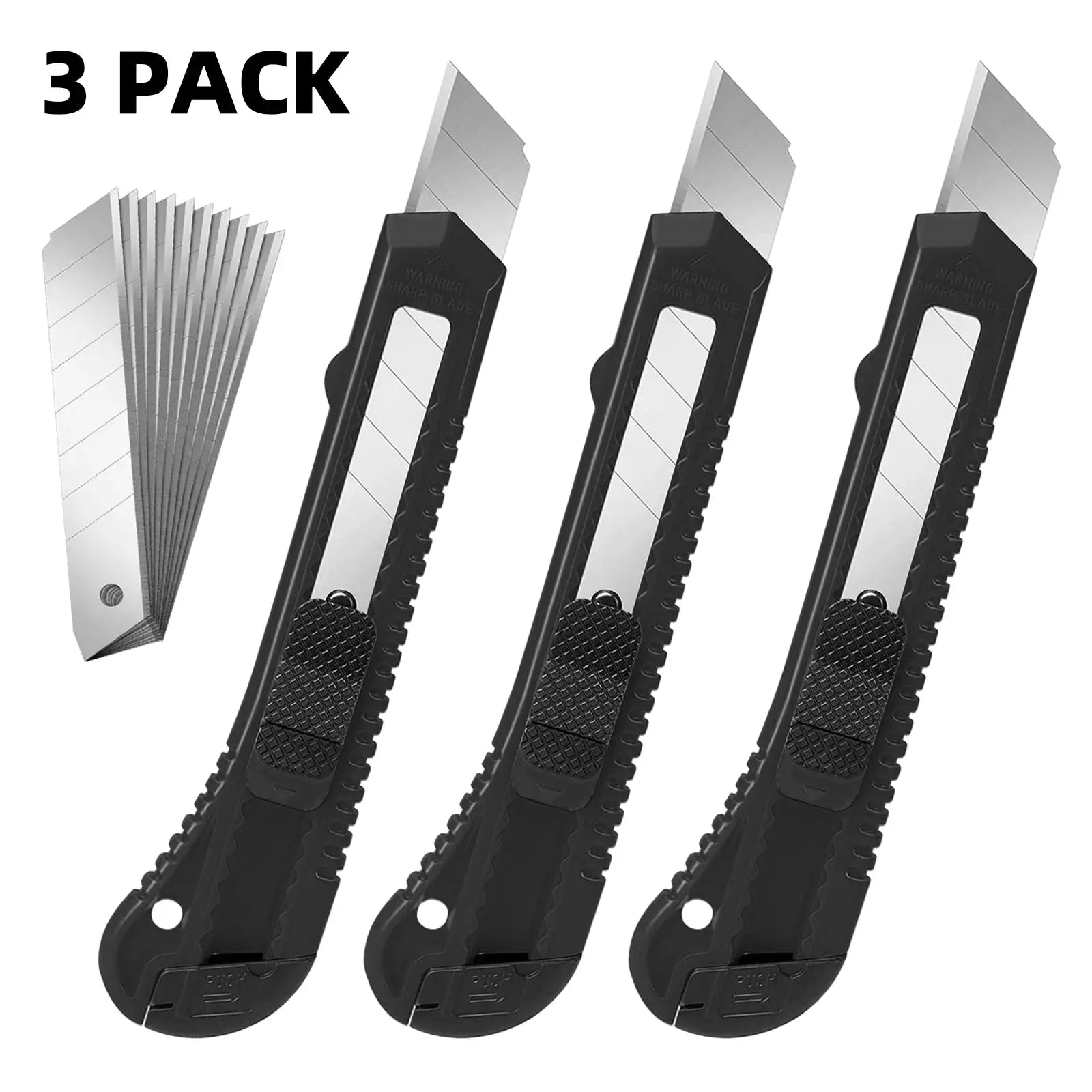 3 Pack Utility Knife Box Cutter Retractable, Compact Box Knife for Cartons, Cardboard and Boxes, with 10 Piece 18mm Wider 