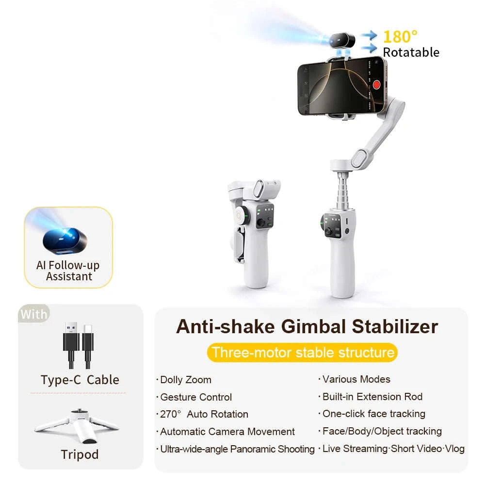3-Axis Phone Gimbal Stabilizer with Face Tracking & Extension Rod-Black