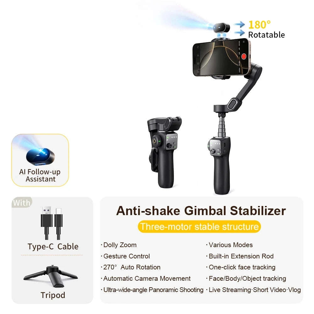 3-Axis Phone Gimbal Stabilizer with Face Tracking & Extension Rod-Black