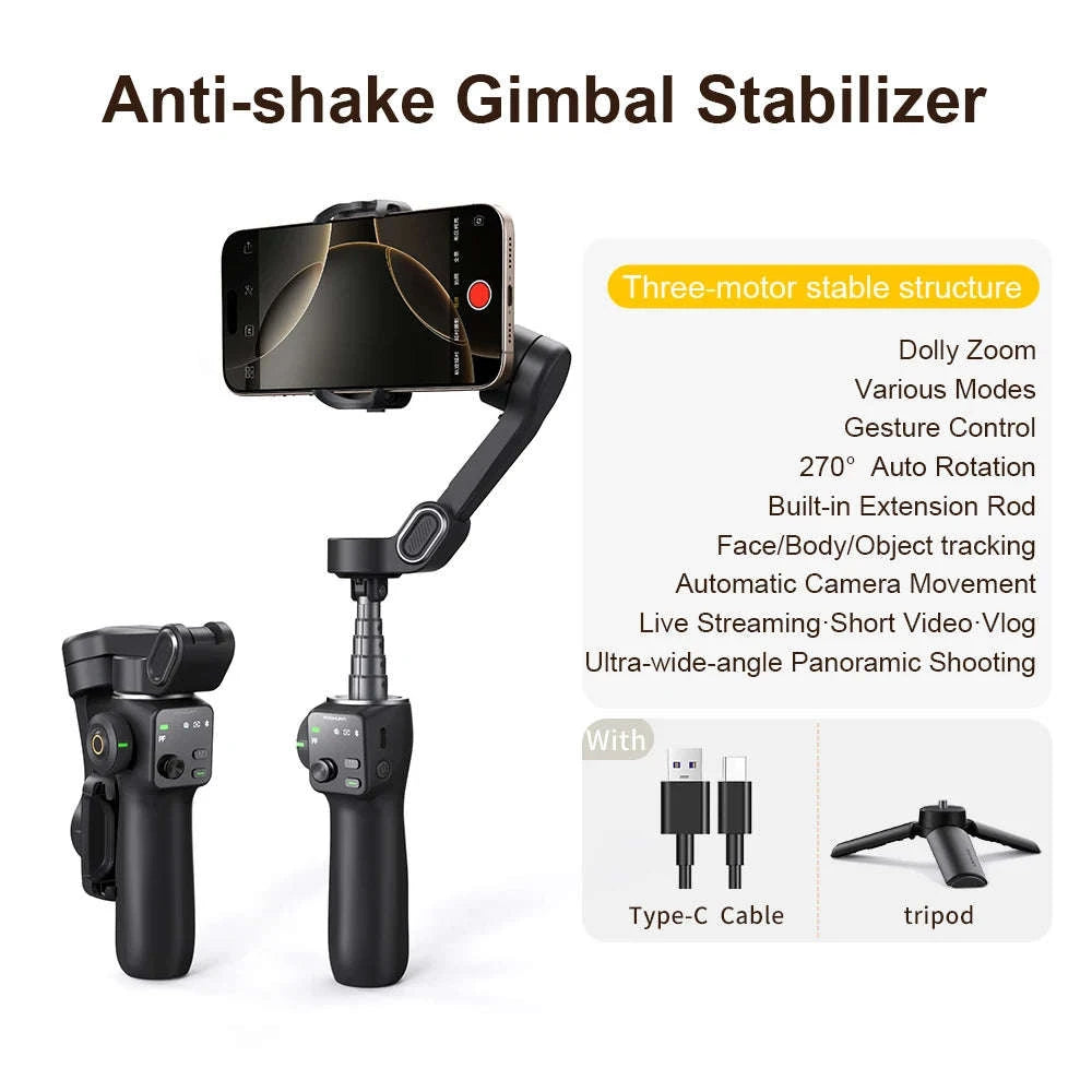 3-Axis Phone Gimbal Stabilizer with Face Tracking & Extension Rod-Black