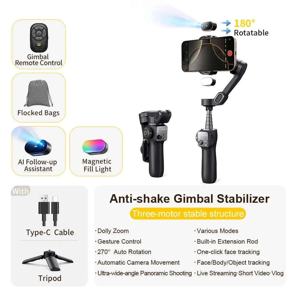 3-Axis Phone Gimbal Stabilizer with Face Tracking & Extension Rod-Black