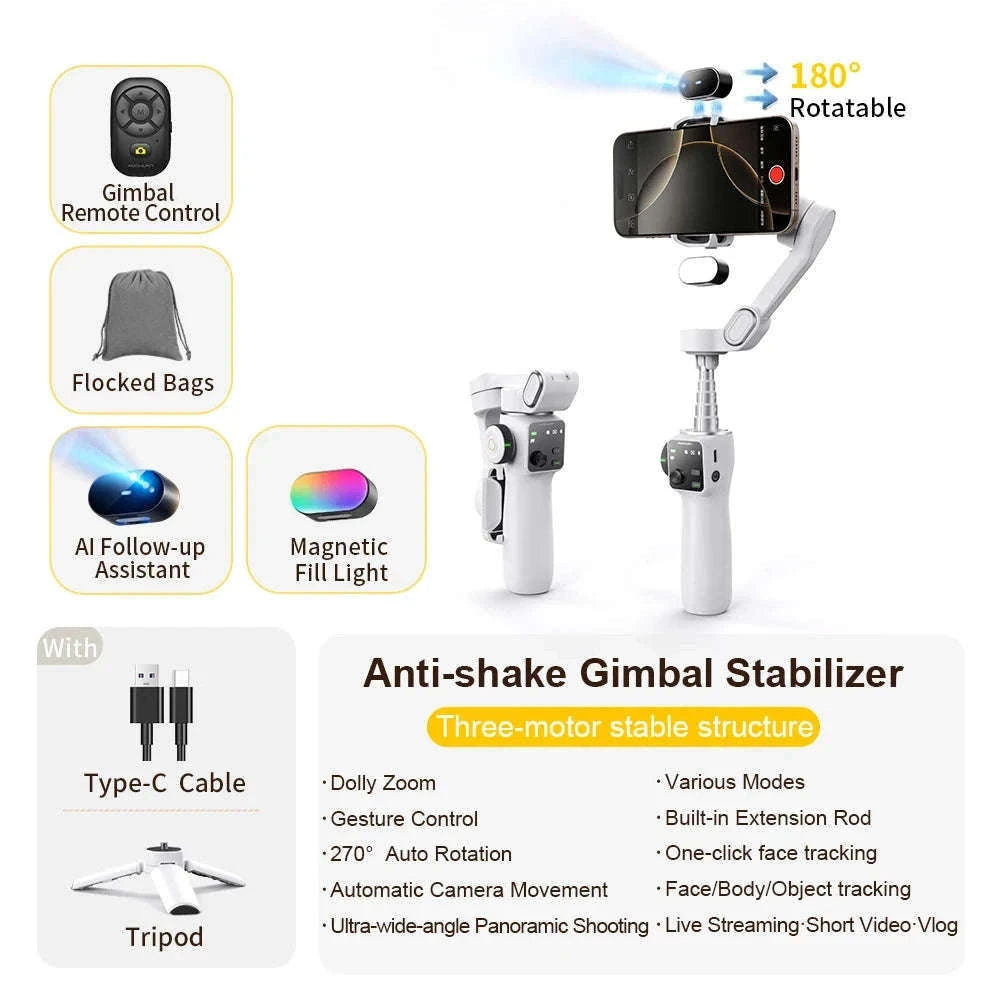 3-Axis Phone Gimbal Stabilizer with Face Tracking & Extension Rod-Black