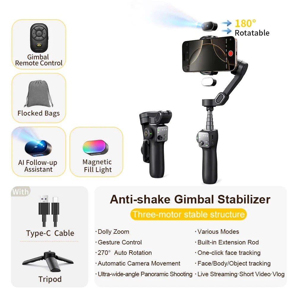 3-Axis Phone Gimbal Stabilizer with Face Tracking & Extension Rod-Black