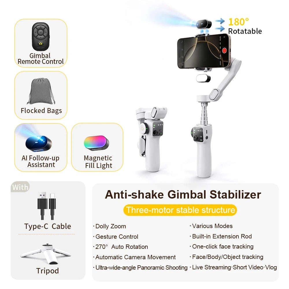 3-Axis Phone Gimbal Stabilizer with Face Tracking & Extension Rod-Black