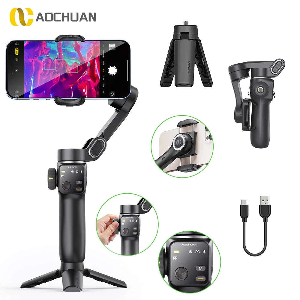 3-Axis Smartphone Gimbal Stabilizer with Face Tracking & Extension Rod-Black / spain